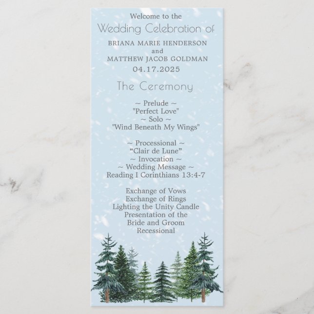 Programa Casamento Rustic Evergreen Winter Pine Trees (Frente)