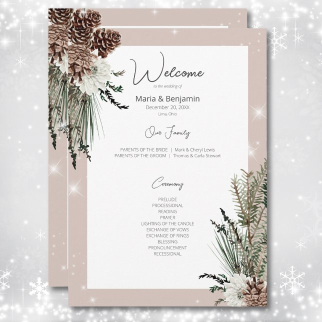 Programa Casamento Rustic Tan Pine Winter Sparkle (Rustic Tan Pine Winter Sparkle Wedding Program)