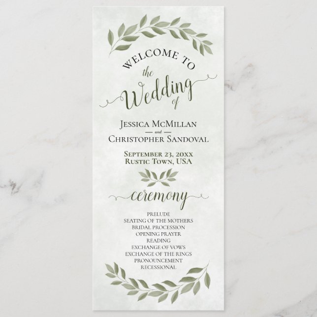 Programa Casamento Rustic Watercolor Greenery Elegant Sage (Frente)