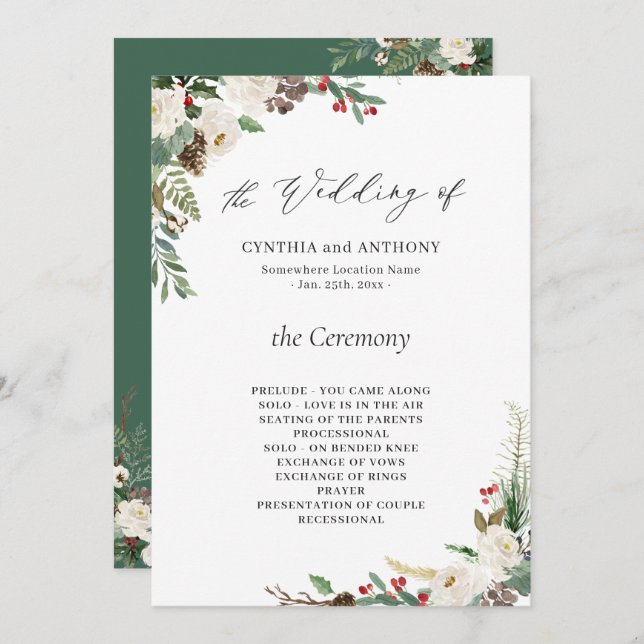 Programa Casamento Rustic Winter Floral Holly Berries (Frente/Verso)