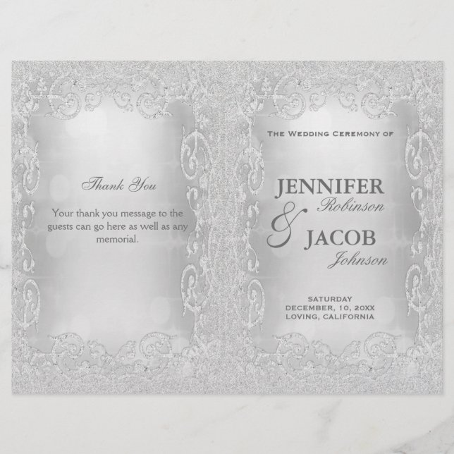 Programa Casamento Silver Faux Glitter Elegante (Frente)