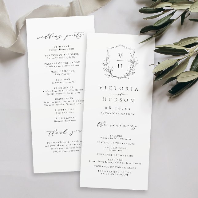 Programa Casamento simples da crista botânica monograma (Simple elegance botanical crest monogram wedding Program)