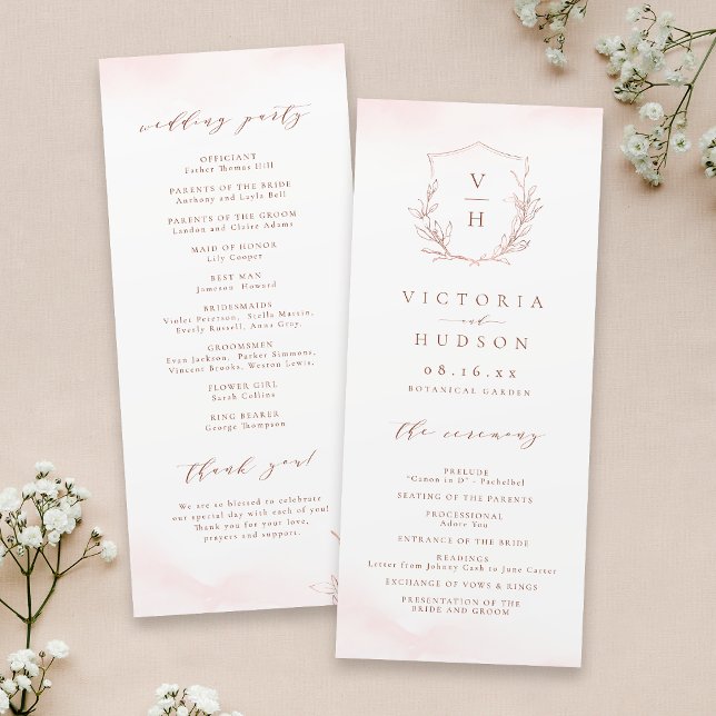 Programa casamento simples da crista botânica monograma de  (Rose gold simple botanical crest monogram wedding program)