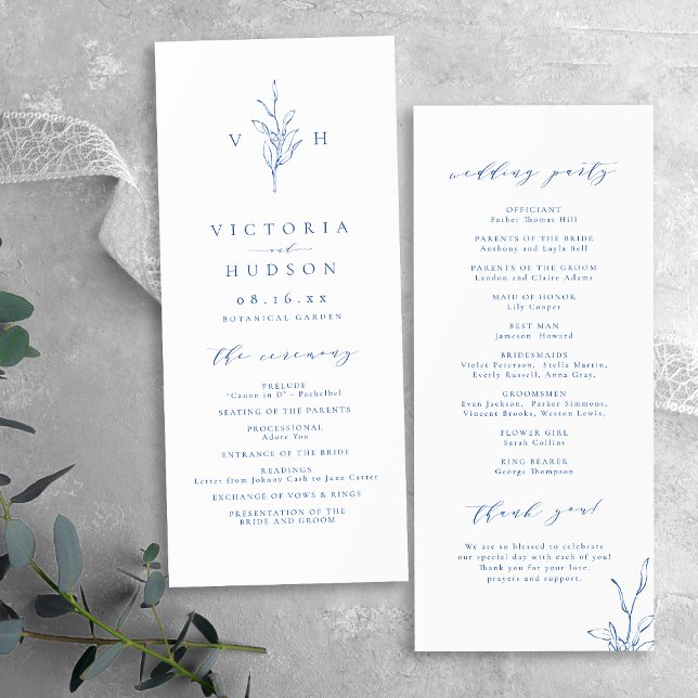 Programa Casamento simples e elegante de monograma botânico (Blue simple elegant botanical monogram wedding program)