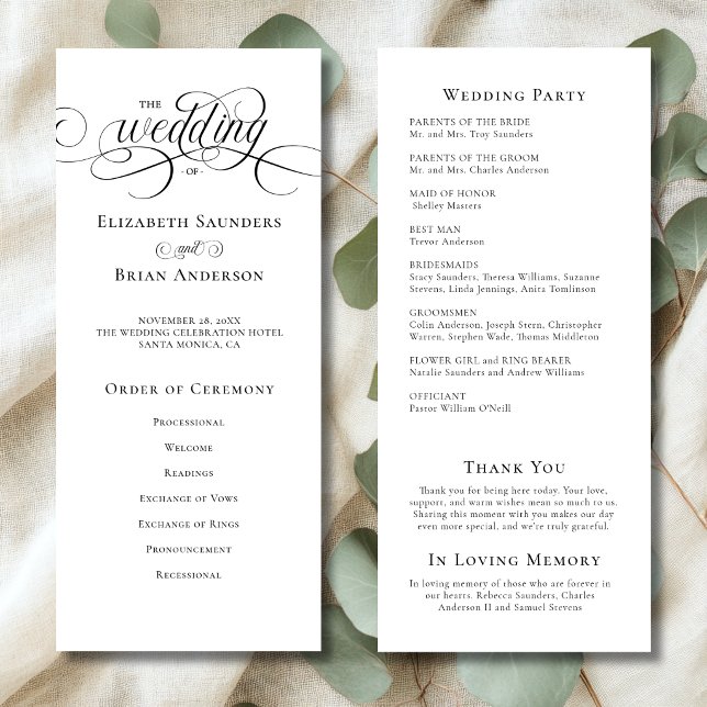 Programa Casamento Simples e Elegante Preto e Branco (Simple Elegant Minimalistic Black and White Wedding Program with Order of Ceremony, Wedding Party.)
