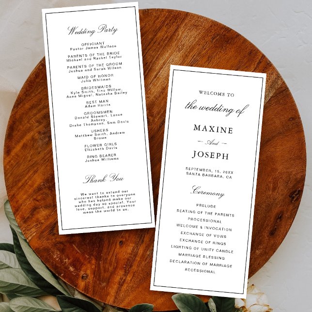 Programa Casamento Simples Elegante Formal Branco e Preto (Elegant white and black wedding program guides guests through your day with style.)