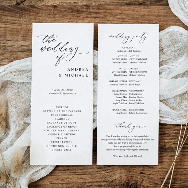 Programa Casamento Simples Elegante Sofisticado (Elegant vintage script wedding programs with wedding party and thank you on back.)