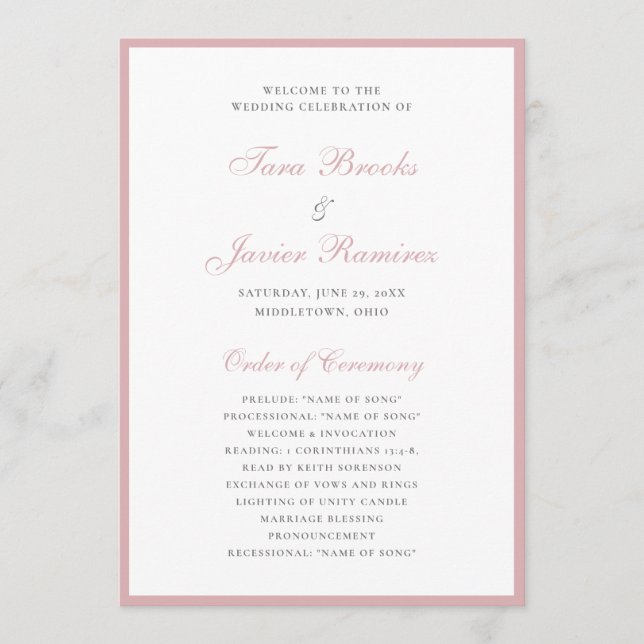 Programa Casamento Simples Formal Elegante Rosa Poeirento (Frente)