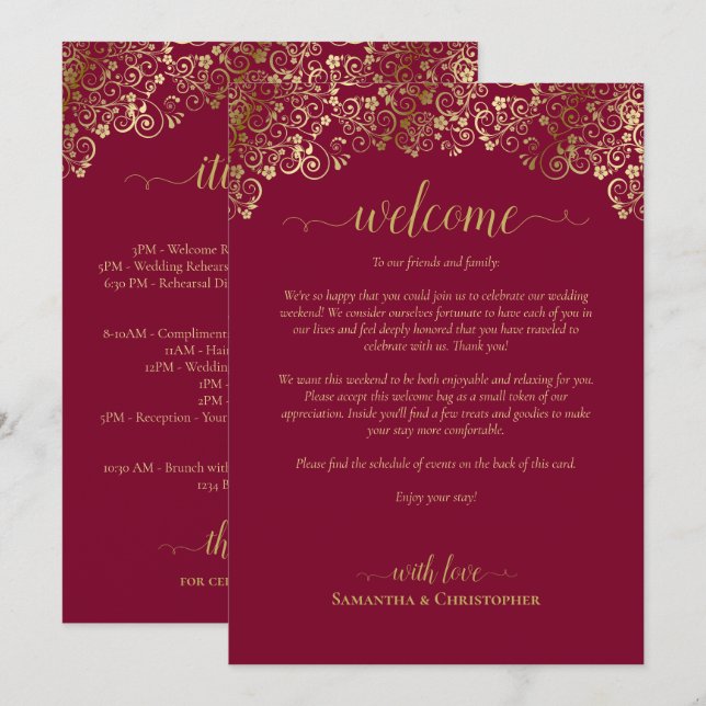 Programa Casamento sofisticado em burgundy e dourado - Boas (Frente/Verso)
