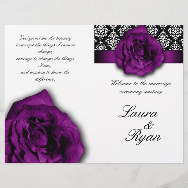 Programa casamento tema damasco Folheto Roxo Rosa  (Frente)