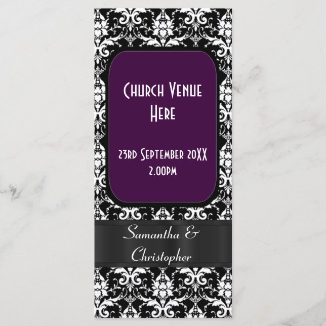 Programa casamento tema damasco preto, roxo e bran (Frente)