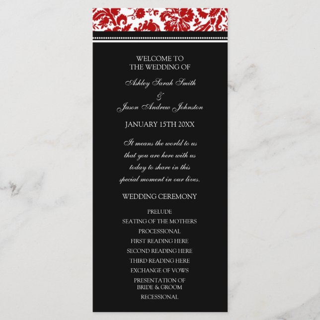 Programa Casamento tema damasco Vermelho Negro (Frente)