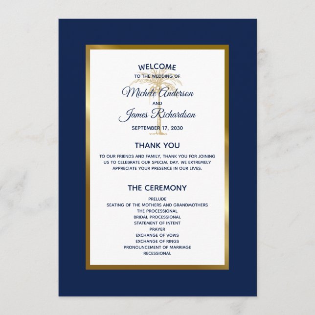 Programa Casamento Tropical Elegante Azul Naval Palma Doura (Frente)
