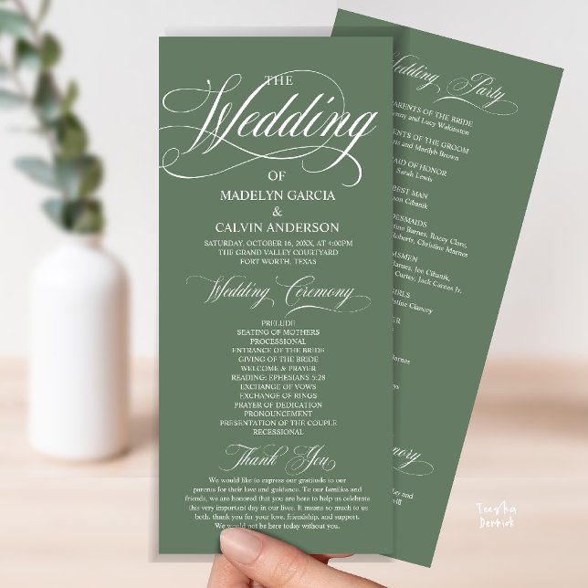 Programa Casamento Tudo em Um Moderno em Verde Sage com Let (Modern Script All In One Wedding Program Card in Sage Green)