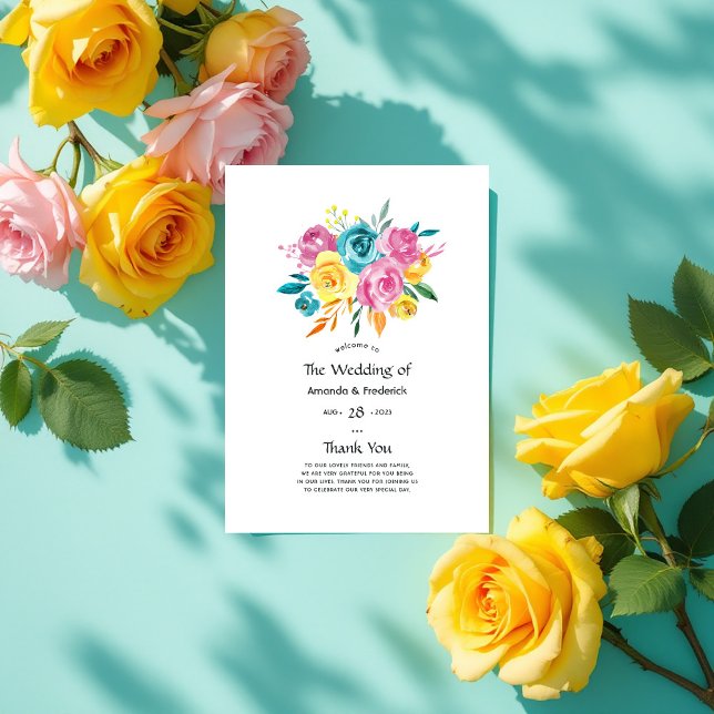 Programa Casamento Turquesa, Amarelo e Floral Rosa (Turquoise, Yellow, and Pink Floral Wedding Program)