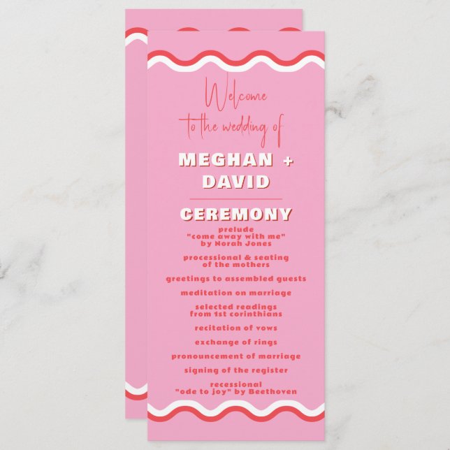 Programa Casamento Vermelho Cor-de-rosa ondulado retrô (Frente/Verso)