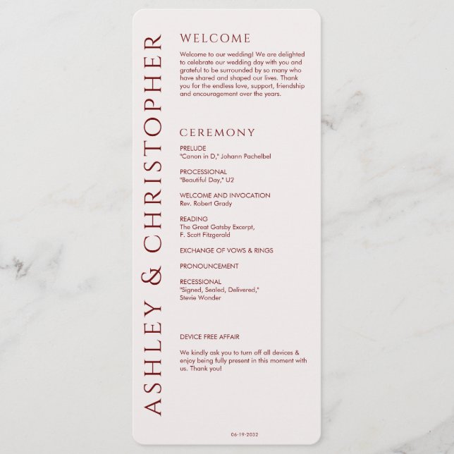 Programa Casamento Vermelho da Crimson Moderna Elegante (Frente)