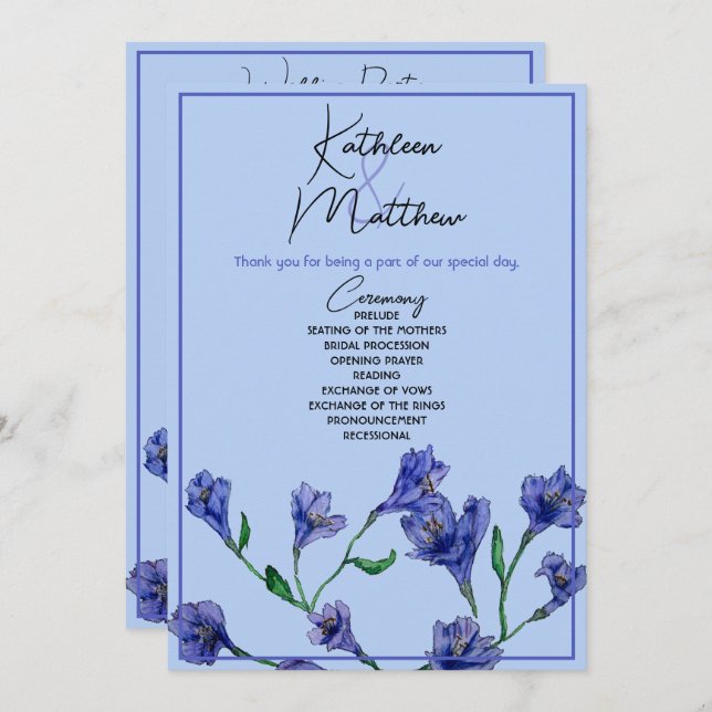 Programa Casamento Violet Blue Floral Watercolor (Frente/Verso)