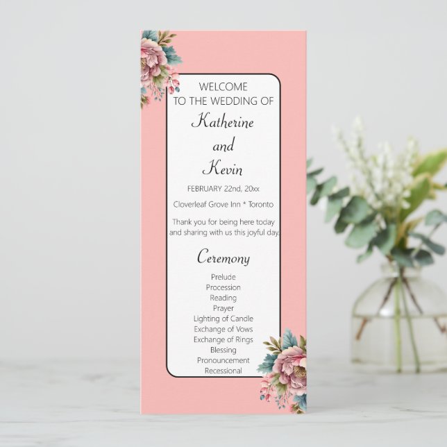 Programa Celebração de Casamento Floral de Teal Branco Dust (Em pé/Frente)