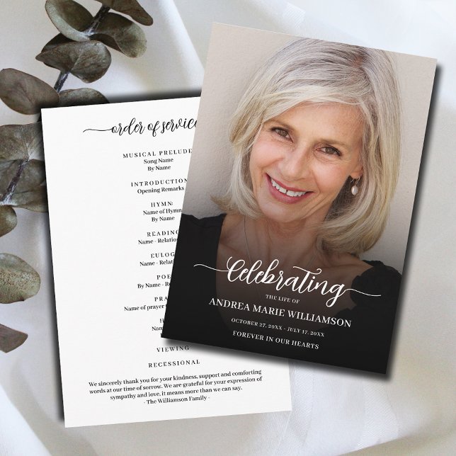 Programa Celebração Funeral da Foto da Vida (Modern funeral Celebration of Life Program, your photo on the front, Order of Service on the back)