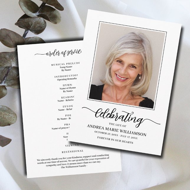 Programa Celebração Funeral do Life Photo Flat (Modern funeral Celebration of Life Program, your photo on the front, Order of Service on the back)