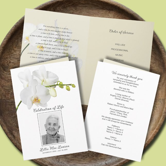 Programa Celebração Funeral Orquídea Branca da Foto da Vida (White orchid funeral Celebration of Life photo program, 5" x 7" folded size)