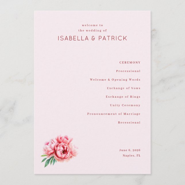 Programa Ceremony Processional Pink Floral Serif (Frente)
