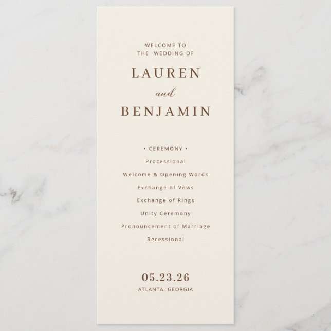 Programa Cerimônia de Casamento Bege Elegante (Frente)