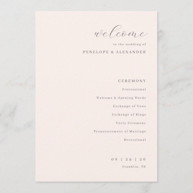 Programa Cerimônia de Casamento Bege Elegante (Frente)