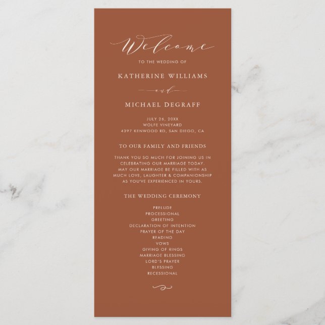 Programa Cerimônia de Casamento Boho Terracota com Letra De (Frente)