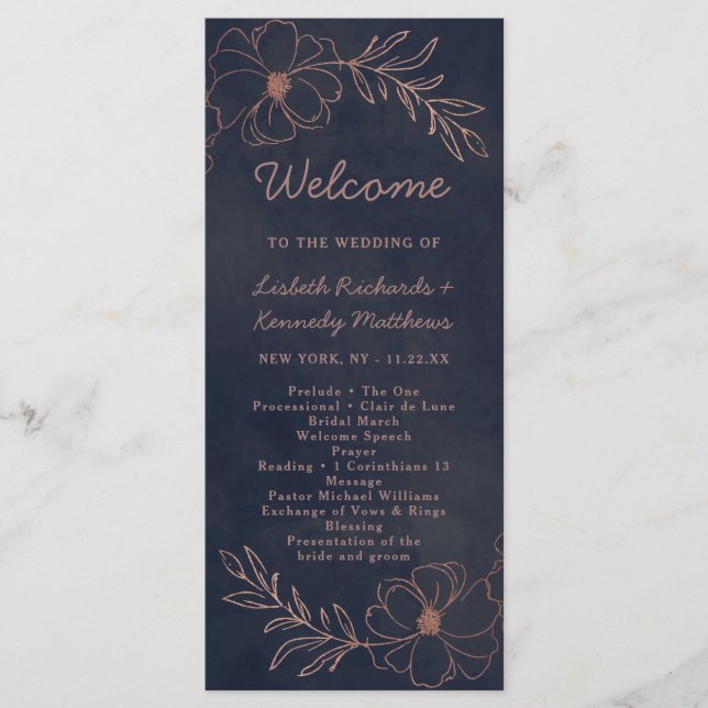 Programa Cerimônia de Casamento Chic Azul Marinho e Dourado (Frente)