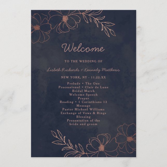 Programa Cerimônia de Casamento Chic Azul Marinho e Dourado (Frente)