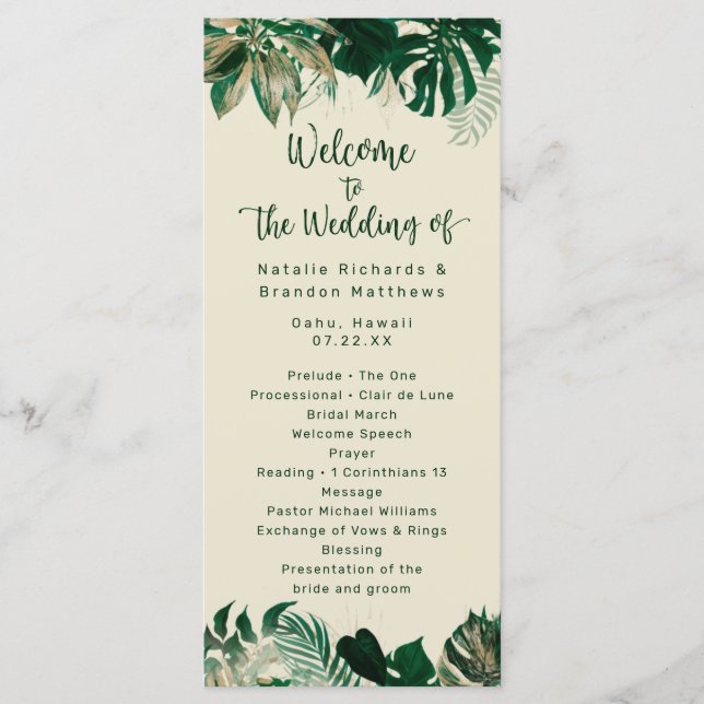 Programa Cerimônia de Casamento Chic com Folhagem Tropical (Frente)