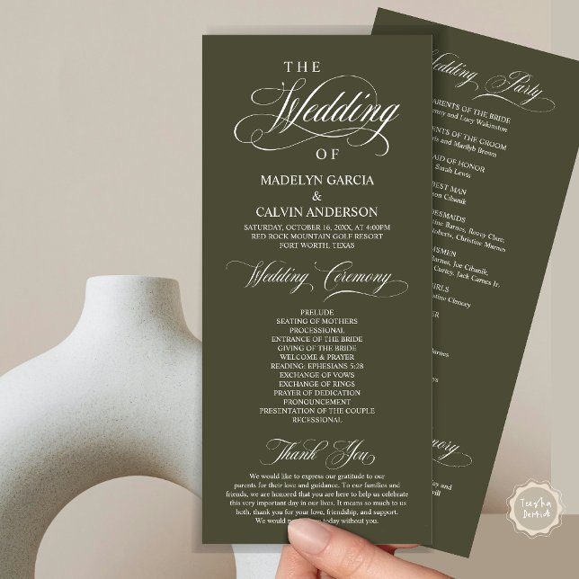 Programa Cerimônia de Casamento, Clássica Elegância Azul (Wedding Ceremony Program Card, in Modern Classy Elegant Design, in Olive Green)