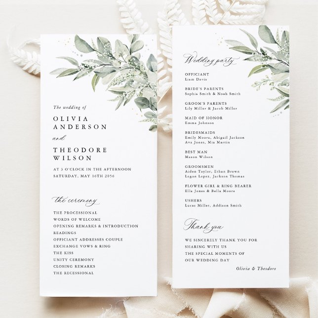 Programa Cerimônia de Casamento com Aquarela Botânica em Ve (Sage green botanical watercolor wedding program ceremony card, modern classic greenery stationery)