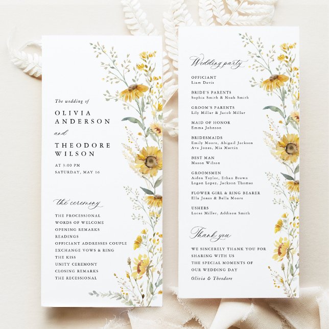 Programa Cerimônia de Casamento com Girassóis Amarelos Silv (yellow wildflower sunflower wedding program floral ceremony program garden wedding stationery)