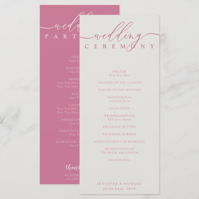 Programa Cerimônia de Casamento com Roteiro de Marfim Rosa  (Frente/Verso)