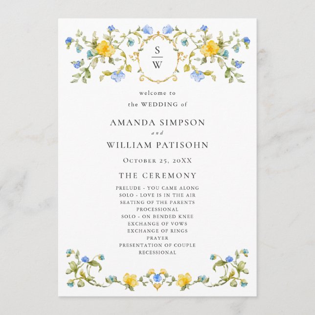 Programa Cerimônia de Casamento de Flores Selvagens de Aqua (Frente)