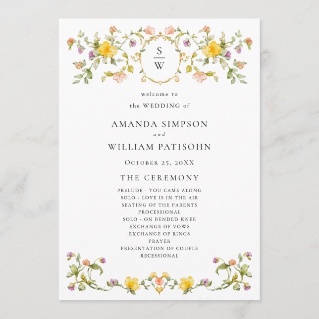 Programa Cerimônia de Casamento de Flores Selvagens de Aqua (Frente)