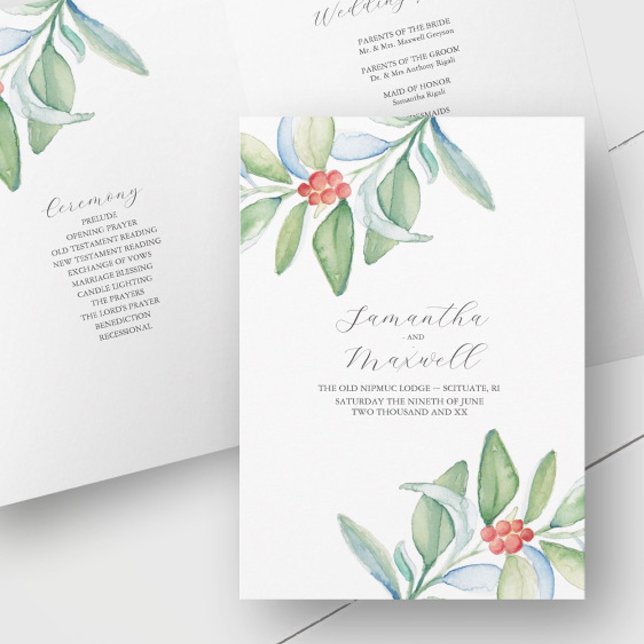 Programa Cerimônia de Casamento de Natal Folheto Folheto (Christmas Wedding Ceremony Pamphlet designed w/ hand painted watercolor art by Victoria Grigaliunas)