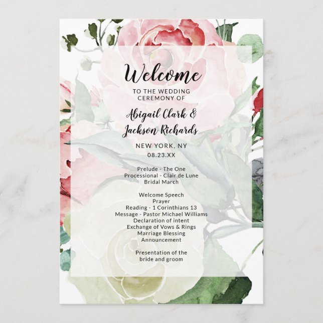Programa Cerimônia de Casamento de Peach Watercolor Floral (Frente)