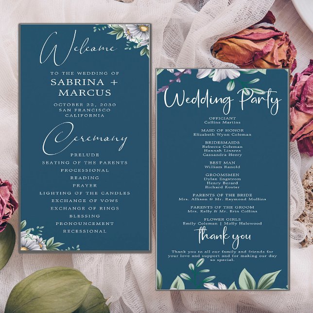 Programa Cerimônia de Casamento de Script Floral Azul-Marin (Criador carregado)