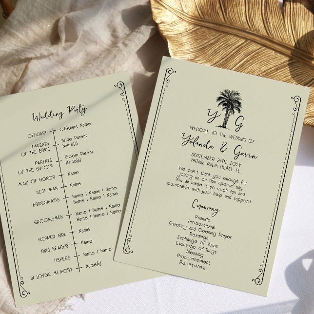 Programa Cerimônia de Casamento Elegante com Palmeira Vinta (Wedding Ceremony Program - from my Vintage Palm Wedding Collection)