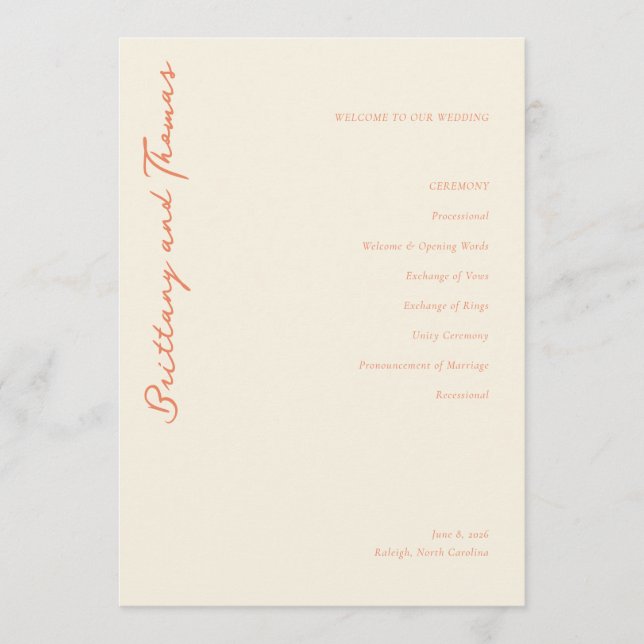 Programa Cerimônia de Casamento em Bege Elegante (Frente)