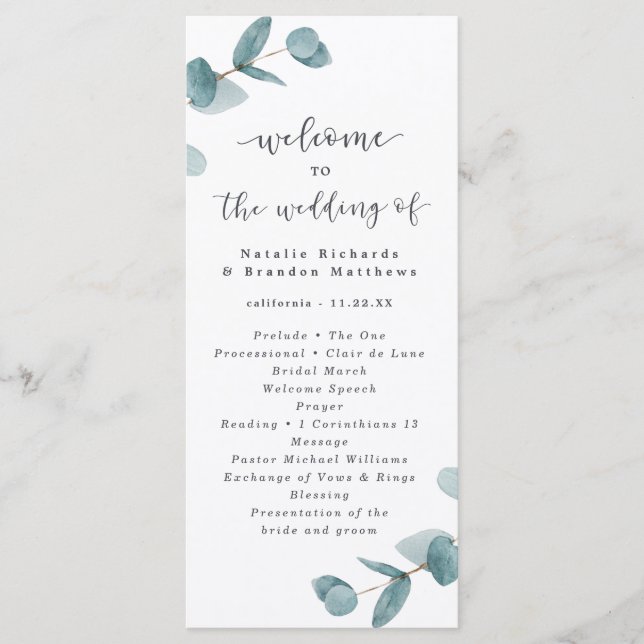 Programa Cerimônia de Casamento Eucalyptus com Script Elega (Frente)