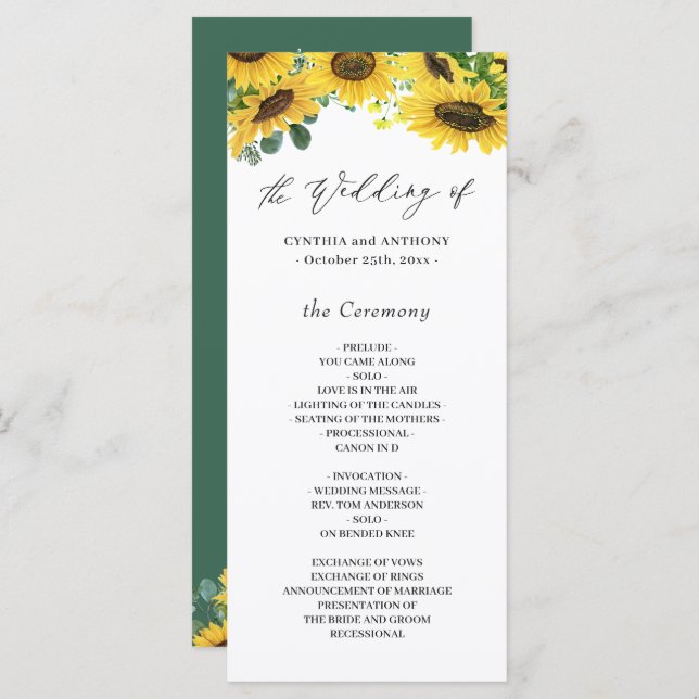 Programa Cerimônia de Casamento Eucalyptus Sunflower Elegan (Frente/Verso)
