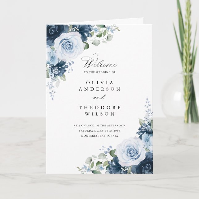 Programa Cerimônia de Casamento Floral Azul Desbotado Pregu (Frente)