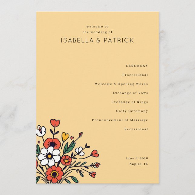 Programa Cerimônia de Casamento Floral Bege Elegante (Frente)
