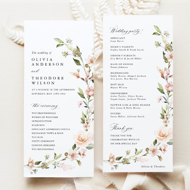 Programa Cerimônia de Casamento Floral Beijo de Pêssego (Peach Blush Floral Wedding Program, Wildflower Ceremony Program, Wedding Party Program Stationery)