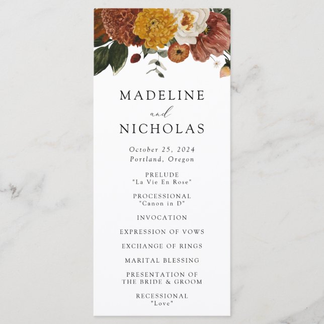 Programa Cerimônia de Casamento Floral Boho Outono (Frente)